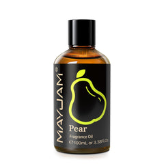 Close-up of MAYJAM Pear Fragrance Oil 100ml amber bottle with dropper