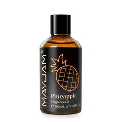 Close-up of MAYJAM Pineapple fragrance oil bottle with amber glass