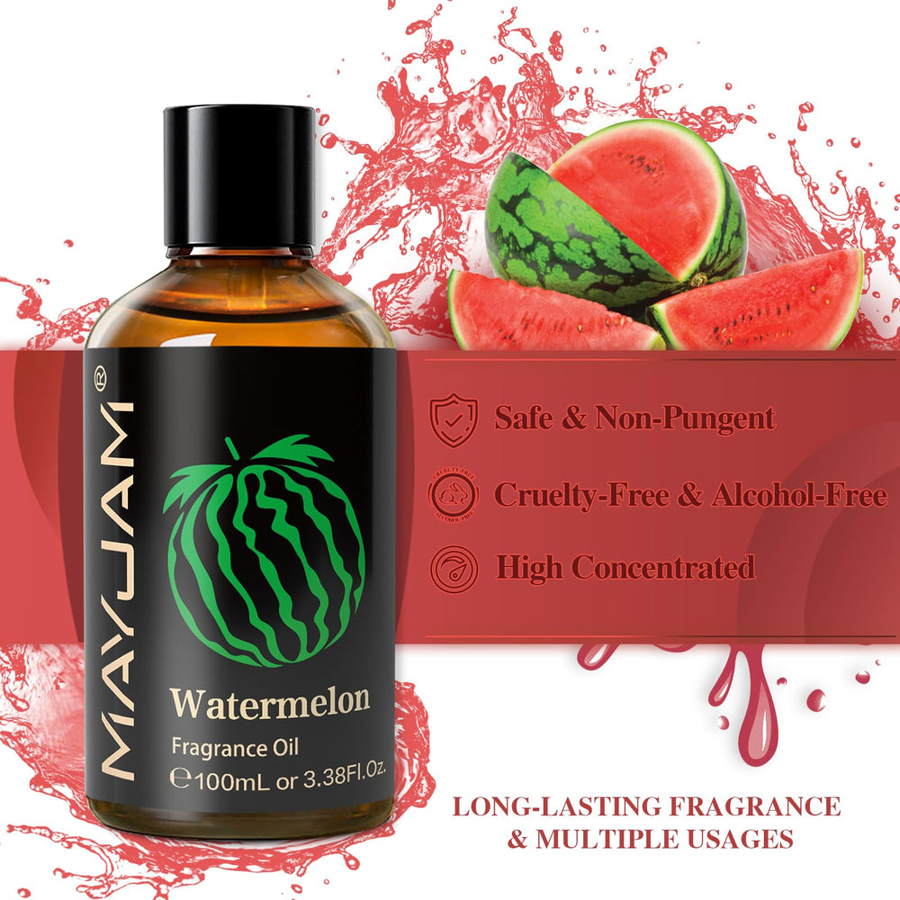Amber glass bottle of MAYJAM Watermelon fragrance oil with glass dropper