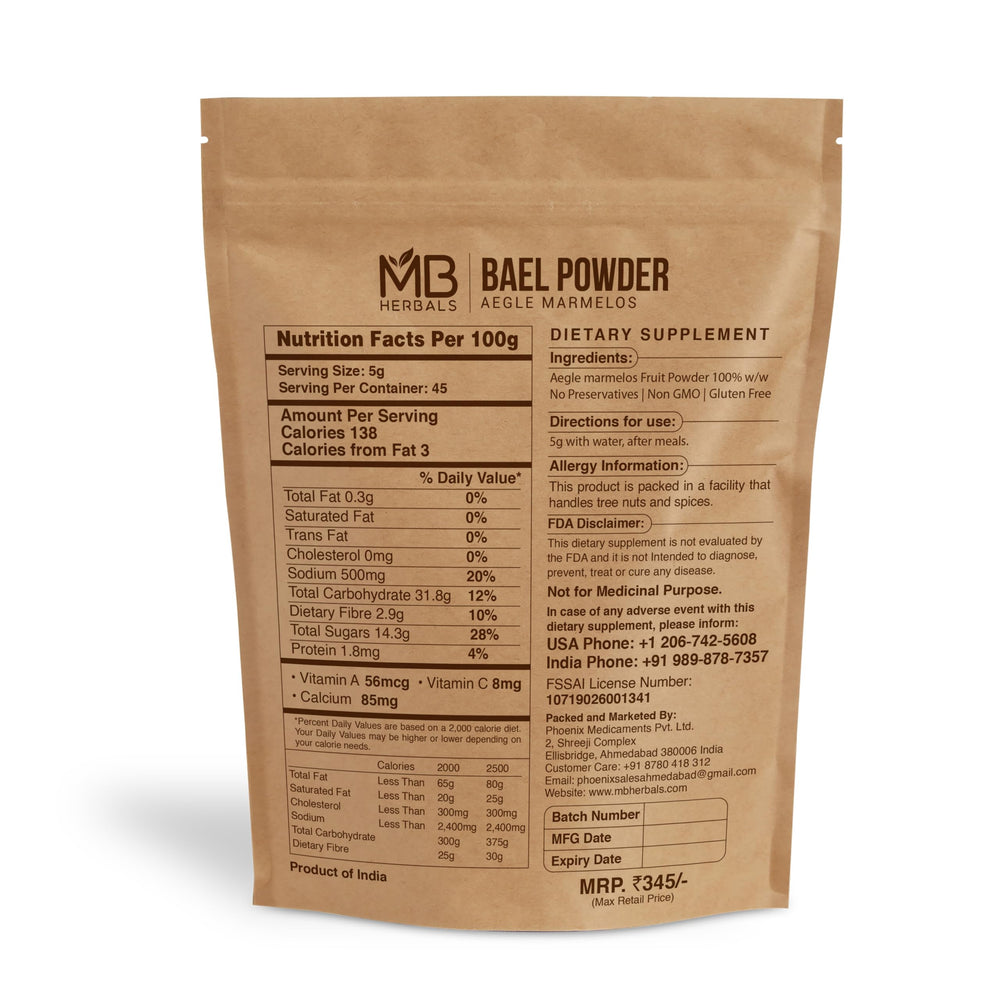 Bael Powder packaging shot showing MB Herbals packaging