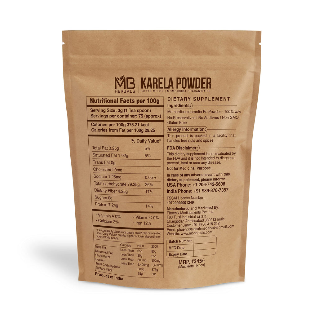Close-up of de-seeded karela powder from MB Herbals