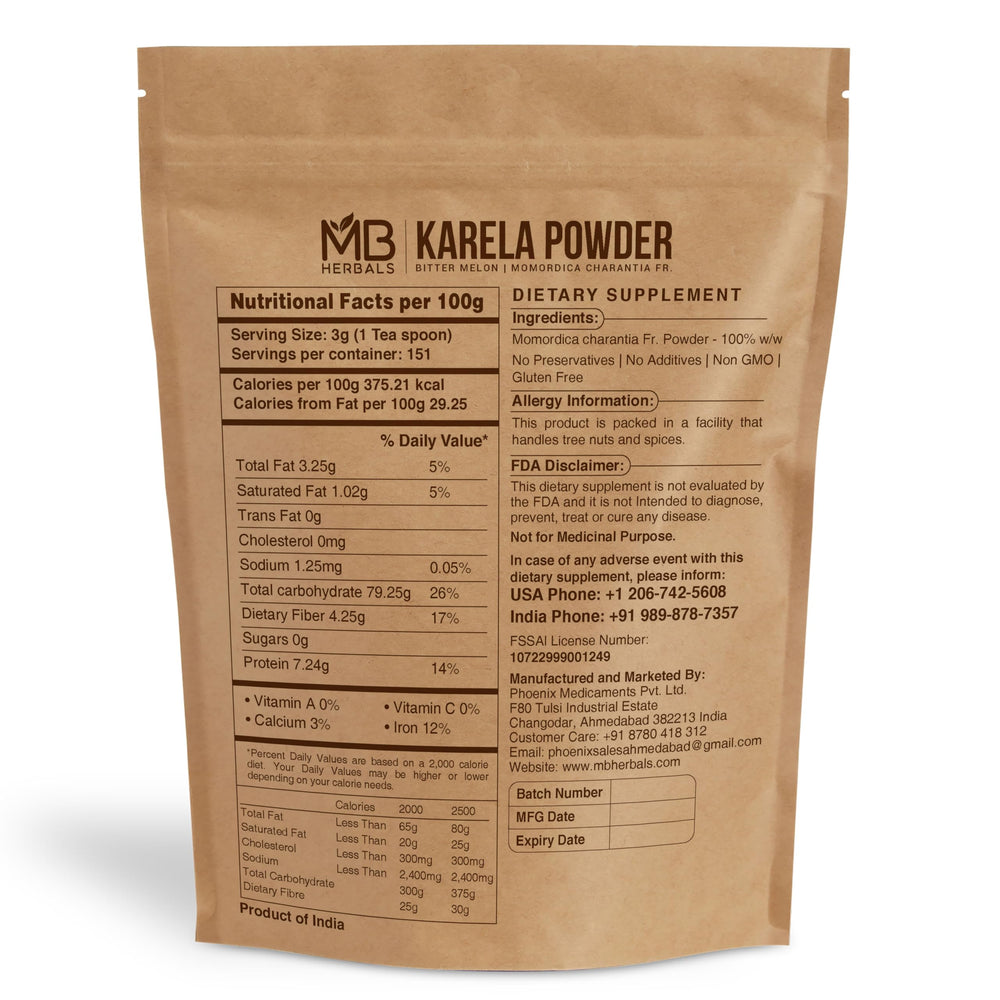 Packaging and label of MB Herbals De-Seeded Karela Powder 454g