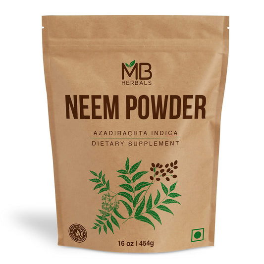 MB Herbals Neem Powder 454g bottle with wild crafted Neem Leaves from Saurashtra, India