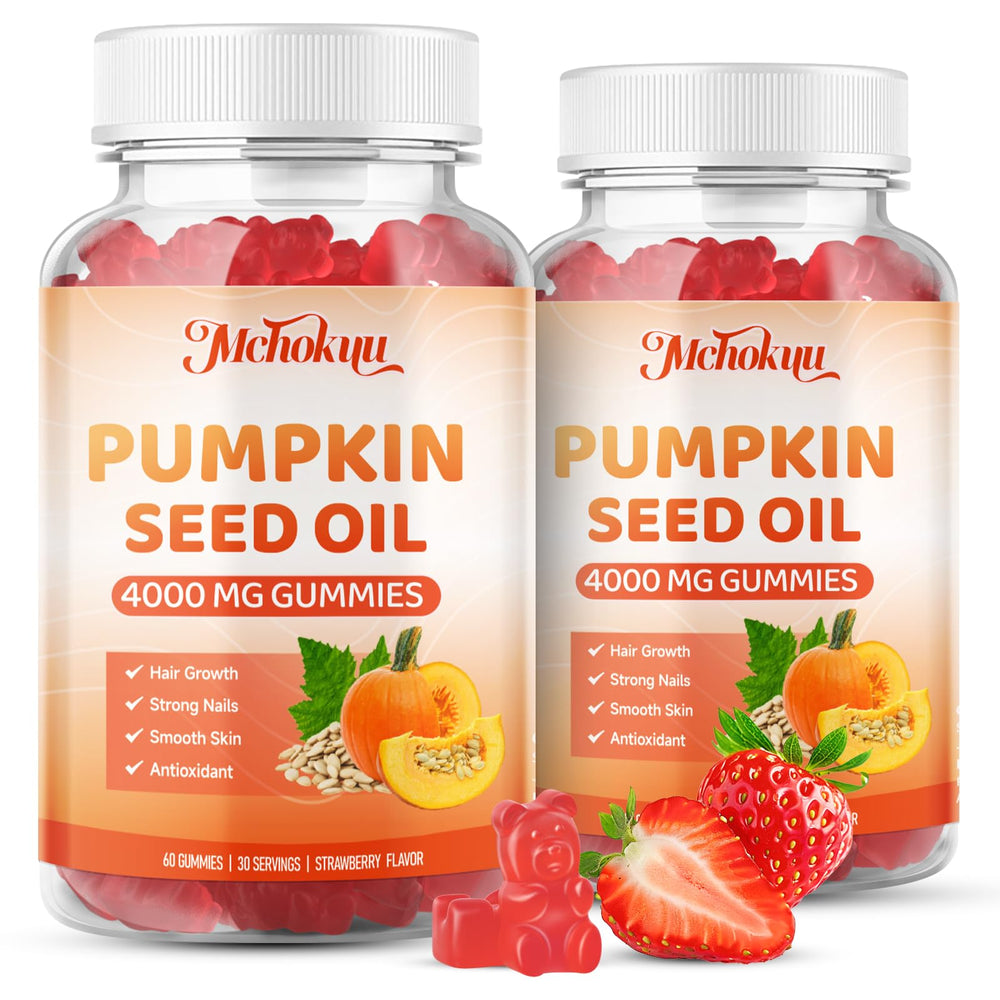 Front view of Mchokuu Pumpkin Seed Oil Gummies bottle displaying 4000mg pumpkin seed oil and saw palmetto