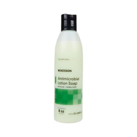 McKesson antimicrobial hand soap with aloe and herbal scent in pump bottle for daily cleansing.