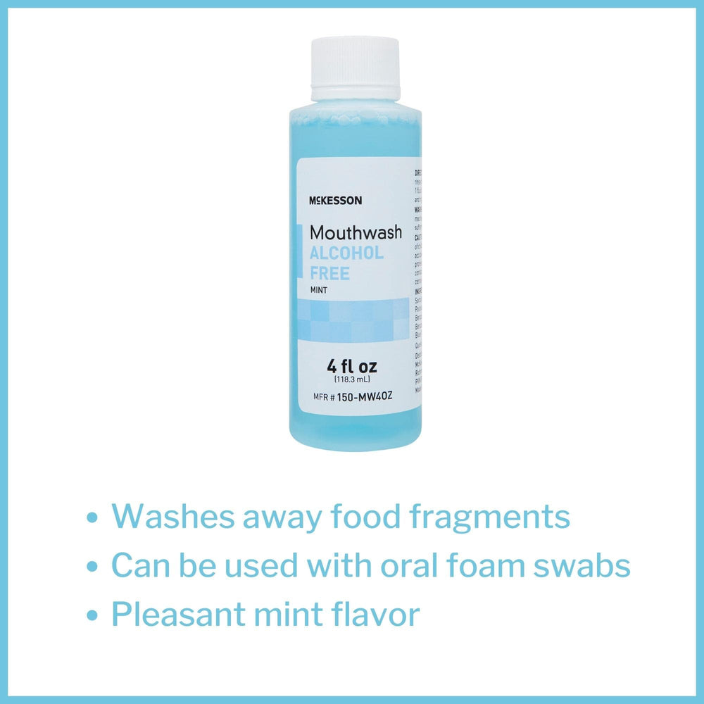 Close-up of McKesson Mouthwash label showing mint flavor and alcohol-free formula