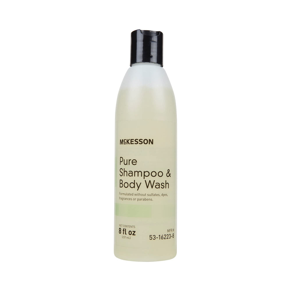 McKesson Pure bottle, fragrance-free 2-in-1 cleanse for hair and skin.