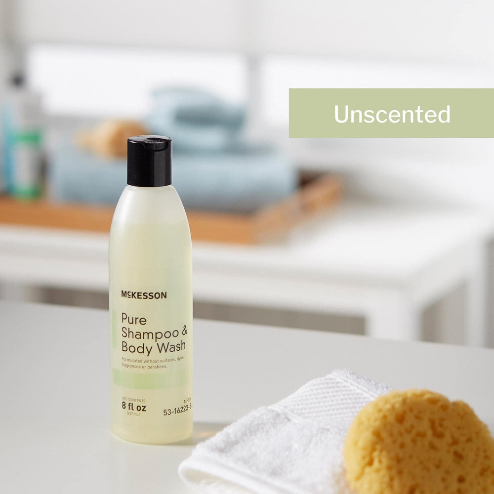 Shower scene with McKesson Pure for all-hair-types cleansing.
