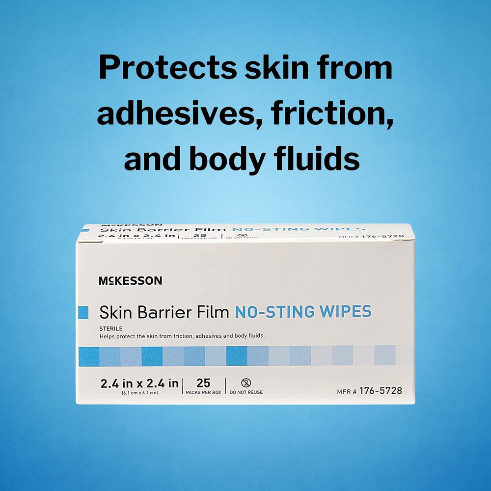McKesson Skin Barrier Film no-sting wipes are alcohol-free protection from adhesives.