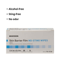 McKesson Skin Barrier Film no-sting wipe protects skin during adhesive changes.