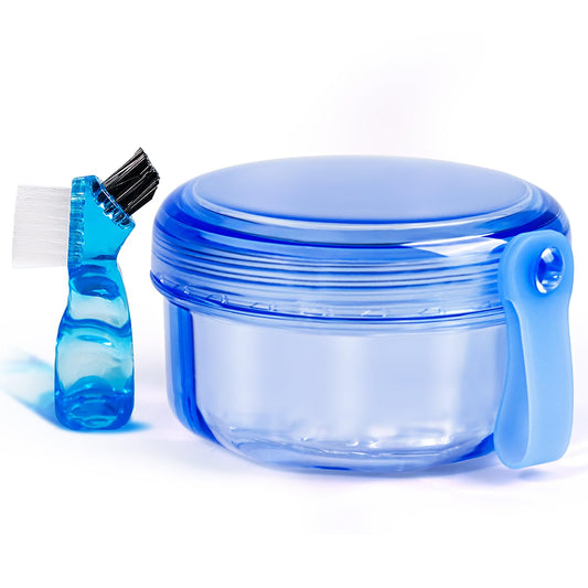Mckkor leak-proof denture bath case in transparent blue, top view