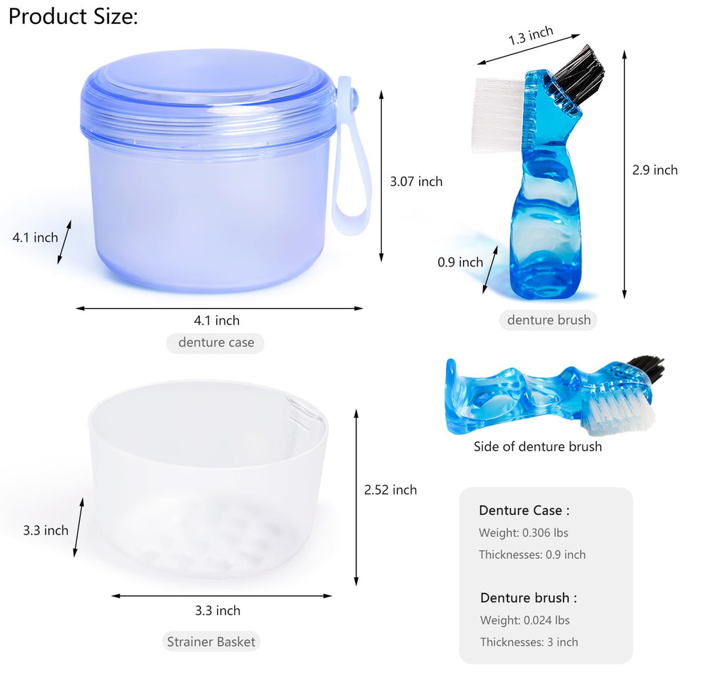 Compact denture soaking cup with included mini brush