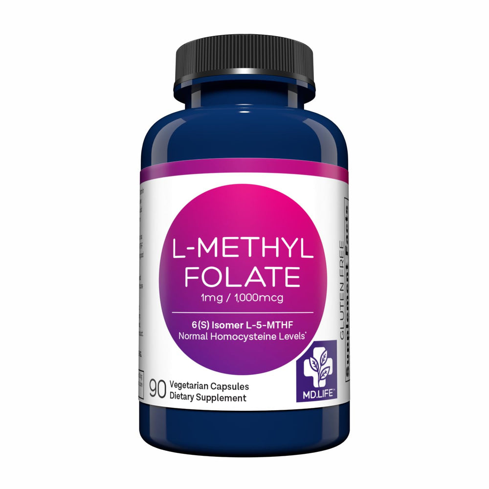 Bottle of MD Life L-Methylfolate 1 mg 90 capsules