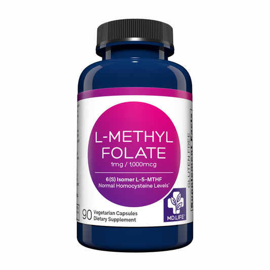 Bottle of MD Life L-Methylfolate 1 mg 90 capsules