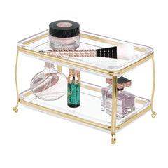 mDesign decorative makeup storage organizer vanity tray with two levels keeps cosmetics organized and accessible.