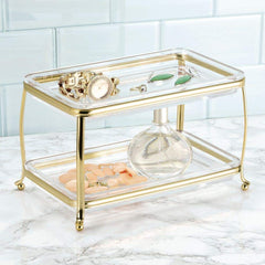 mDesign soft brass clear vanity tray with two-tier design ideal for small spaces.