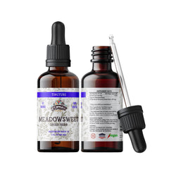 Bottle of Meadowsweet tincture extract in amber glass with dropper