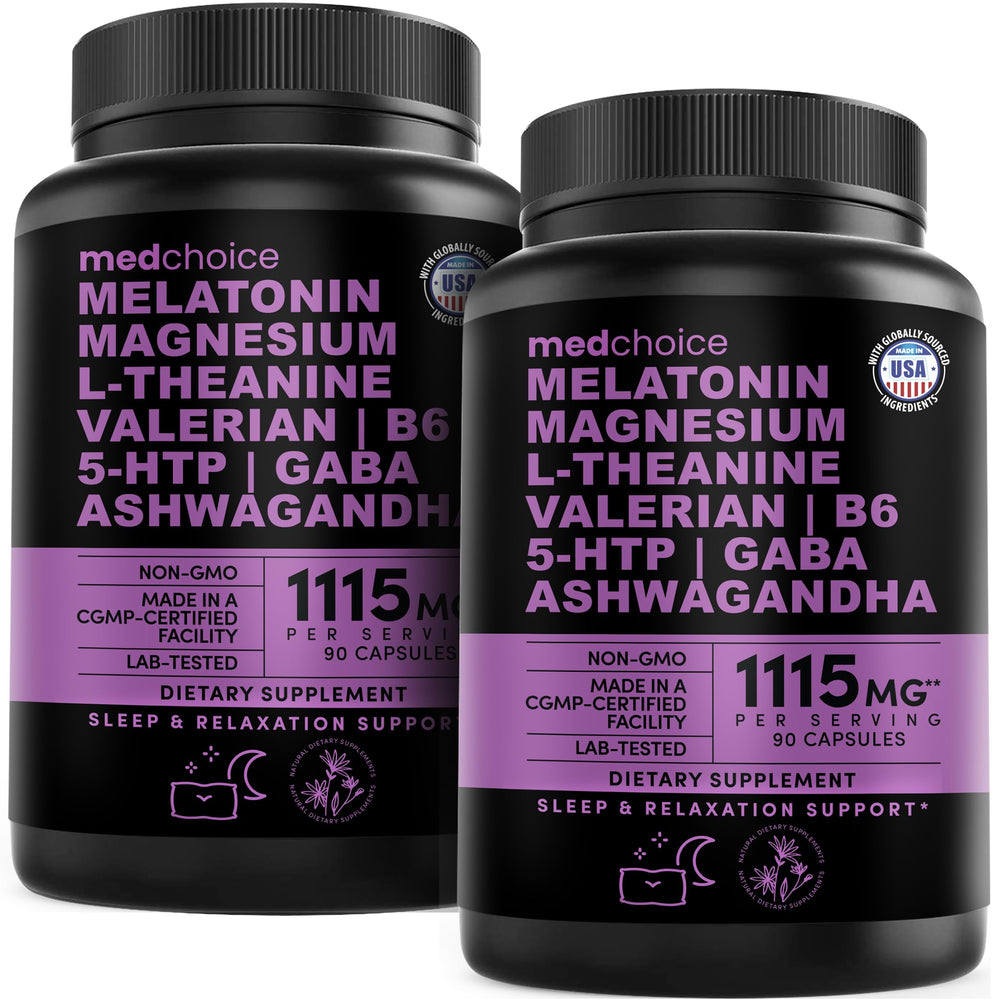 MEDCHOICE 12-in-1 melatonin sleep capsules bottle suggests a calming nightly routine