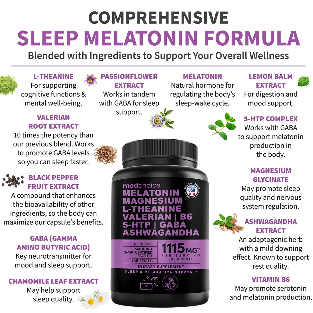 MEDCHOICE L-theanine relaxation capsule highlights calm focus before bed.