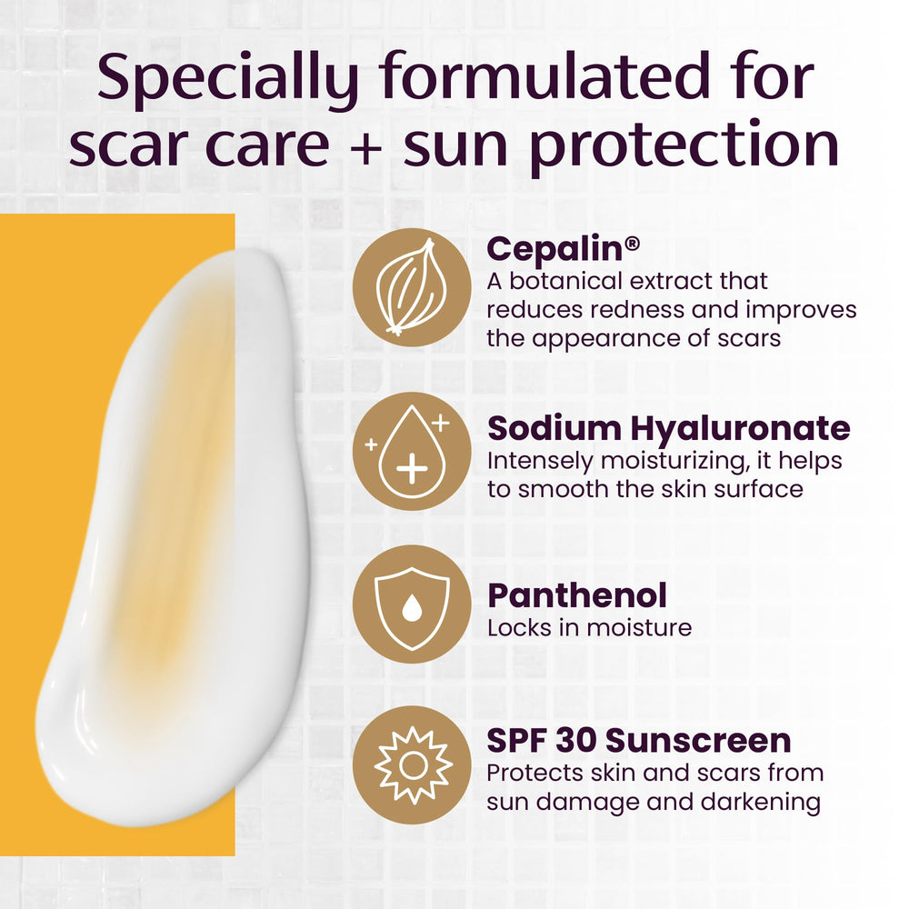Mederma Scar Cream Plus SPF 30 sun protection visual emphasizes UV defense.