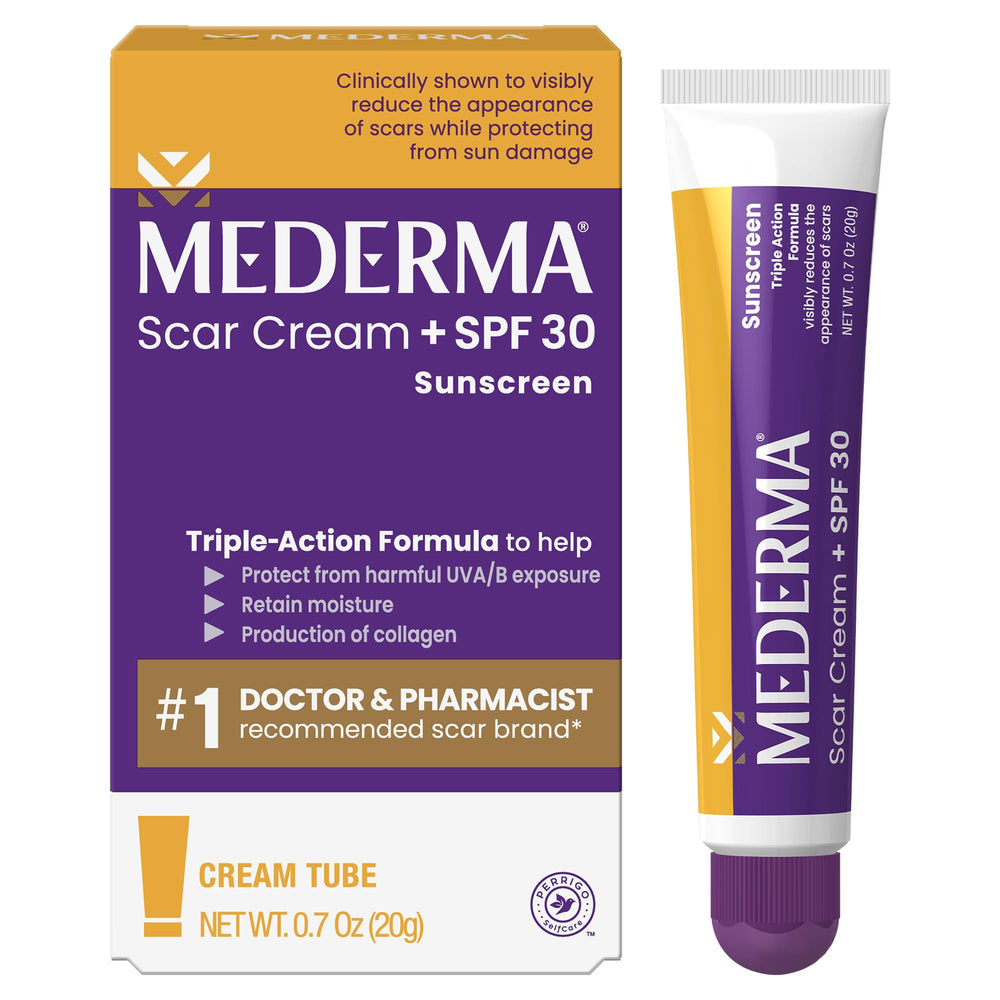 Mederma Scar Cream Plus SPF 30 tube front for scar care and sun protection.