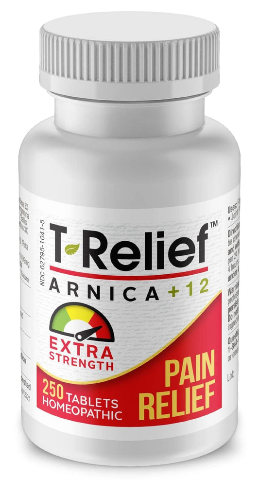 MediNatura T-Relief arnica tablets packaging for daily joint and muscle support.