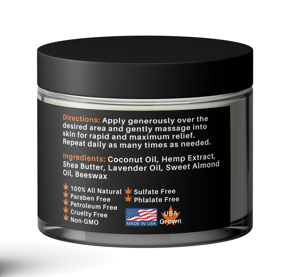 Hemp salve bottle with ingredients background