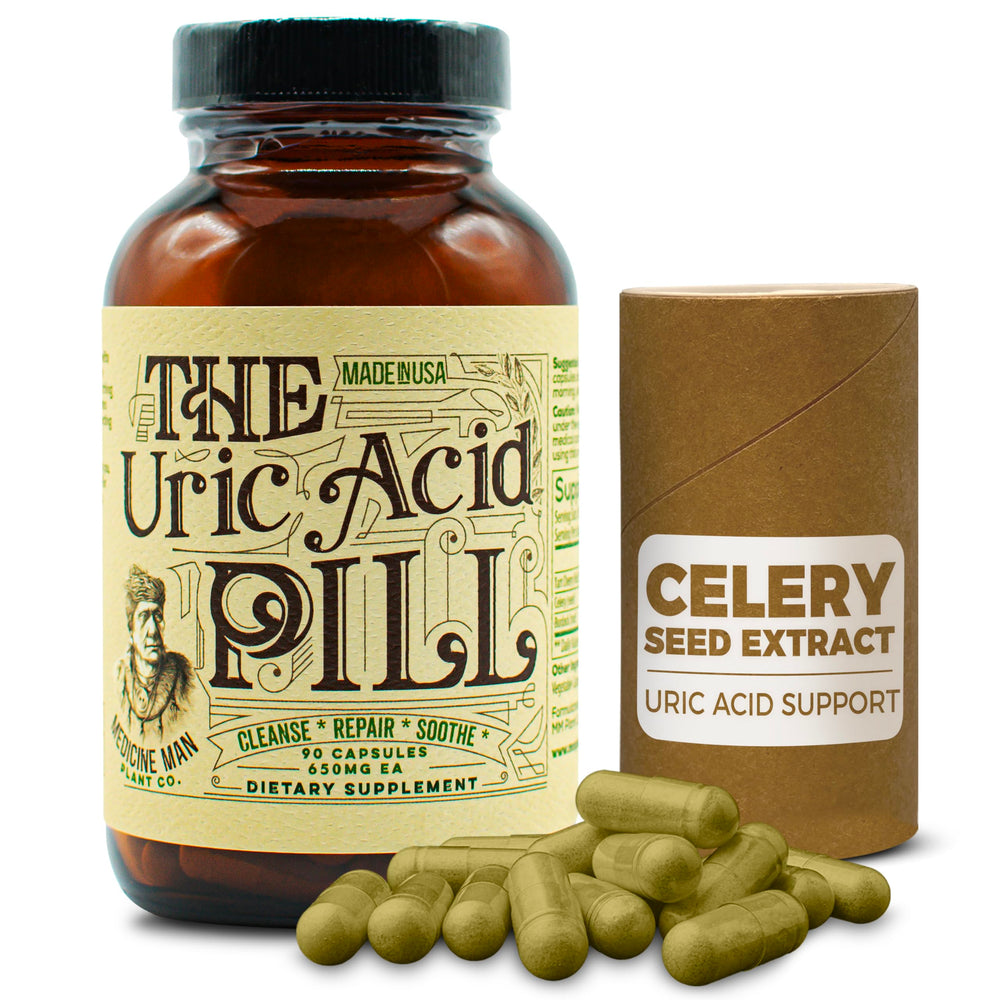 Medicine Man Uric Acid Pill bottle front with a clean non-GMO label.