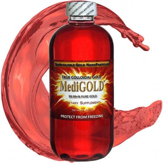 MediGOLD true colloidal Gold AuNP supplement bottle 250 mL in a clear BPA-free bottle.