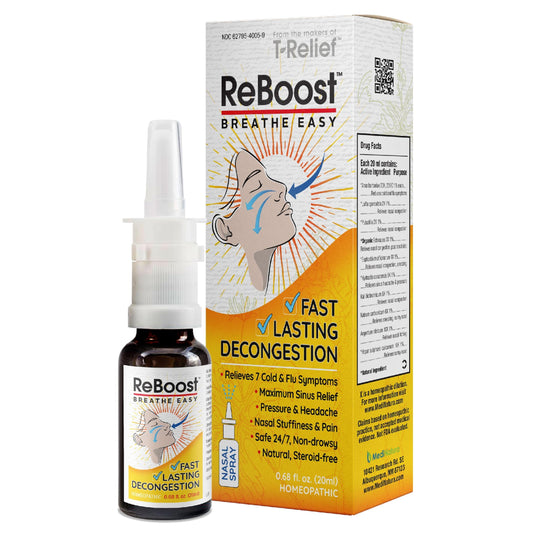MediNatura ReBoost nasal spray front view for quick, natural congestion relief