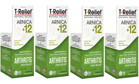 MediNatura T-Relief arthritis tablets bottle highlighting natural relief potential.