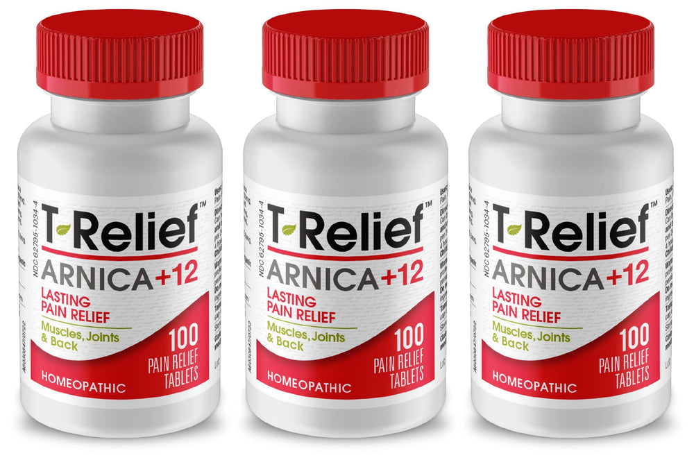 MediNatura T-Relief bottle top shows easy-dose tablets for quick relief routines.