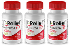MediNatura T-Relief bottle top shows easy-dose tablets for quick relief routines.