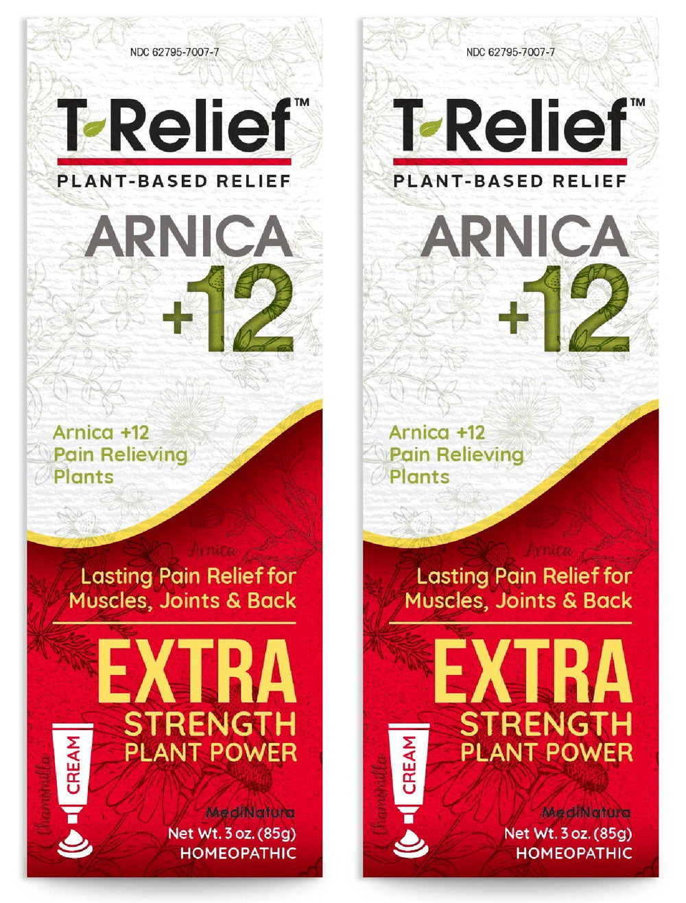 MediNatura T-Relief cream bottle front with two-pack for quick comfort