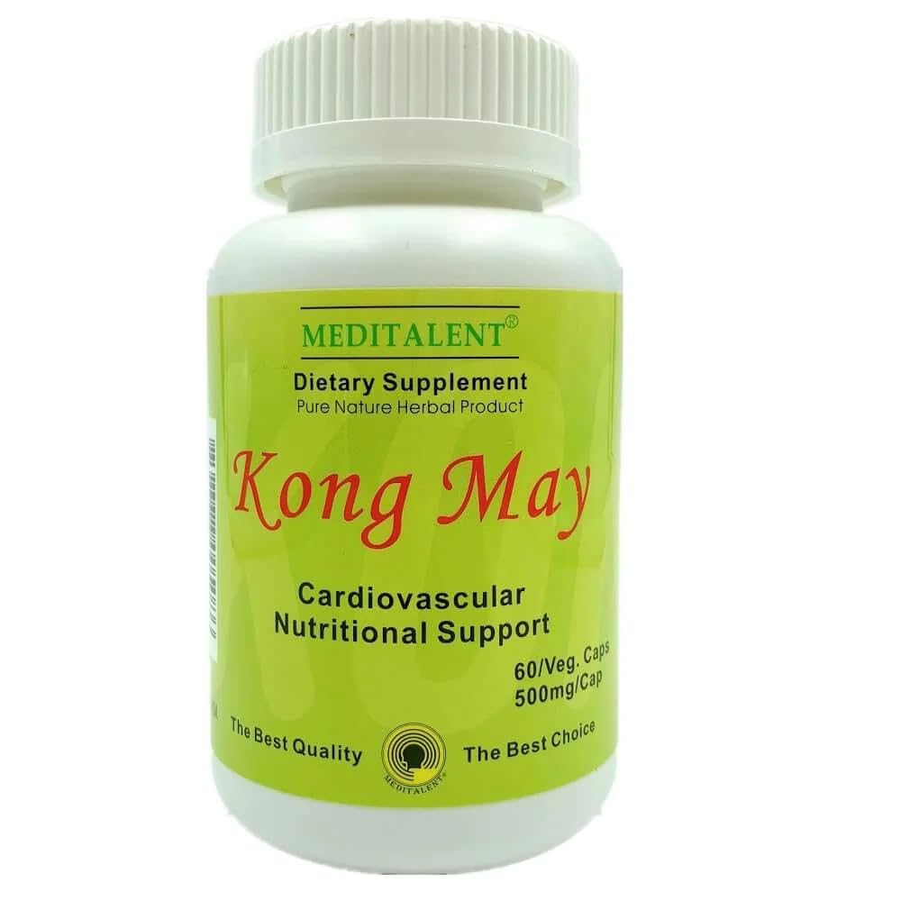 Meditalent Kong May capsules close-up, highlighting natural ingredients for potential cardiovascular support.