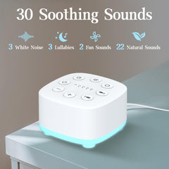 Meditation white noise machine top panel highlights 32 volume levels for customized ambience