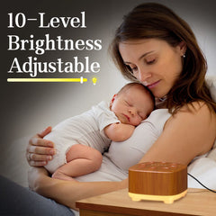 Meditation white noise machine wood grain sound dial adjustable volume for different environments.