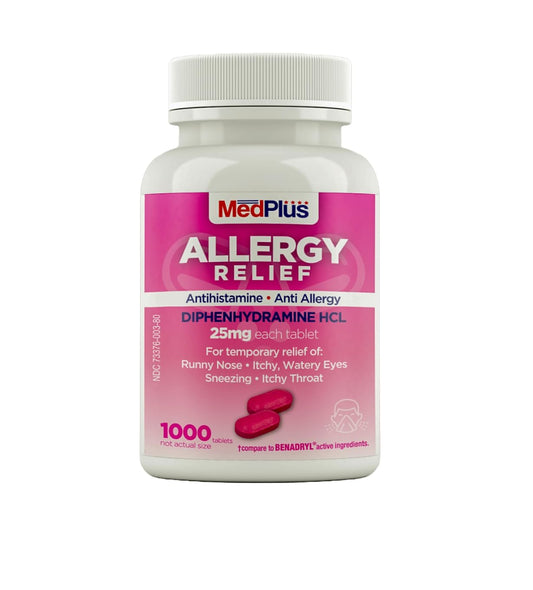 MedPlus allergy relief tablets bottle shows multi-symptom relief in a single bottle.