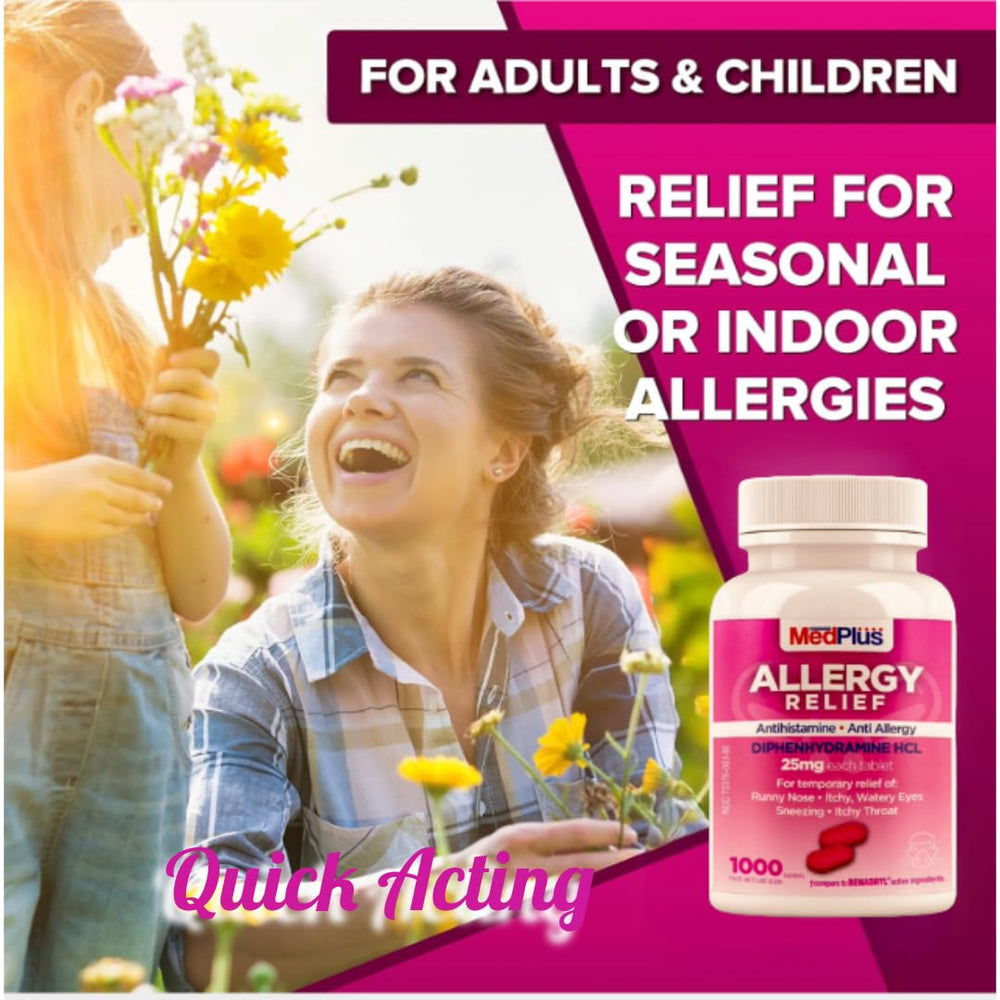 MedPlus diphenhydramine 25mg tablet closeup signals familiar relief strength for everyday symptoms.