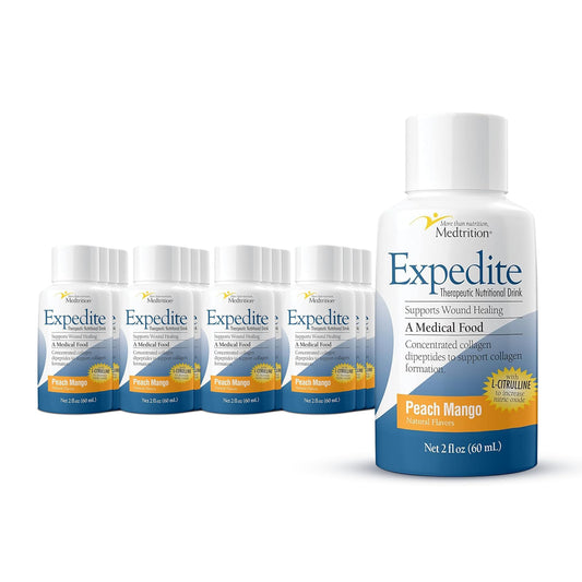 Front view of Medtrition Expedite Liquid Collagen Peach Mango bottle, 2 oz, pack of 24