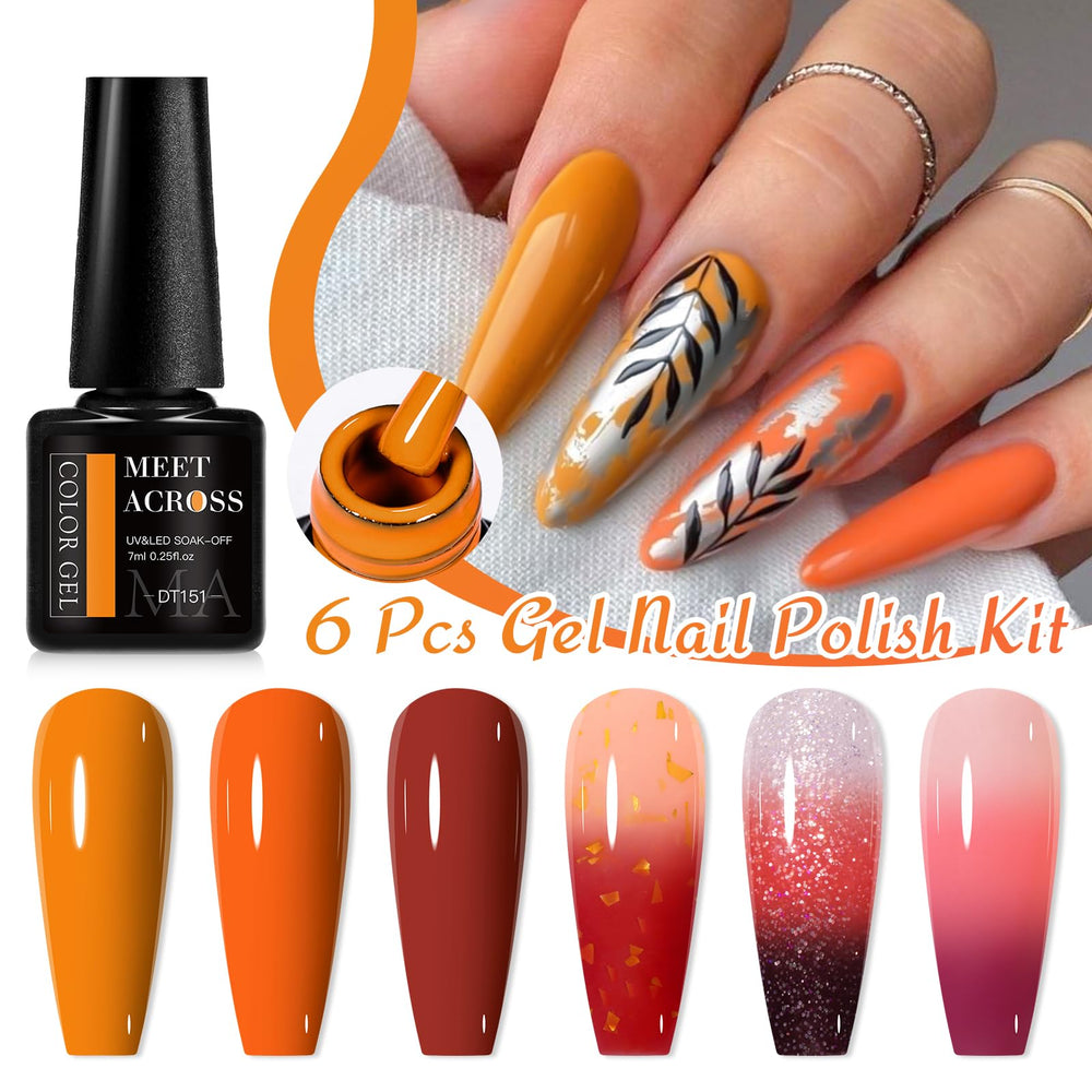 MEET ACROSS deep orange pumpkin glitter gel polish for festive fall nails