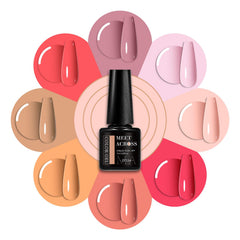 MEET ACROSS french manicure pink nude shades bottle close-up for elegant nails.