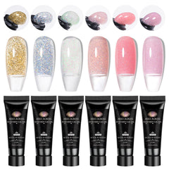 MEET ACROSS Poly Gel Set finished nails with glossy finish.