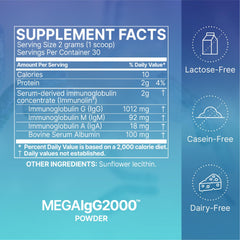Back panel of Mega IgG2000 powder showing nutrition facts