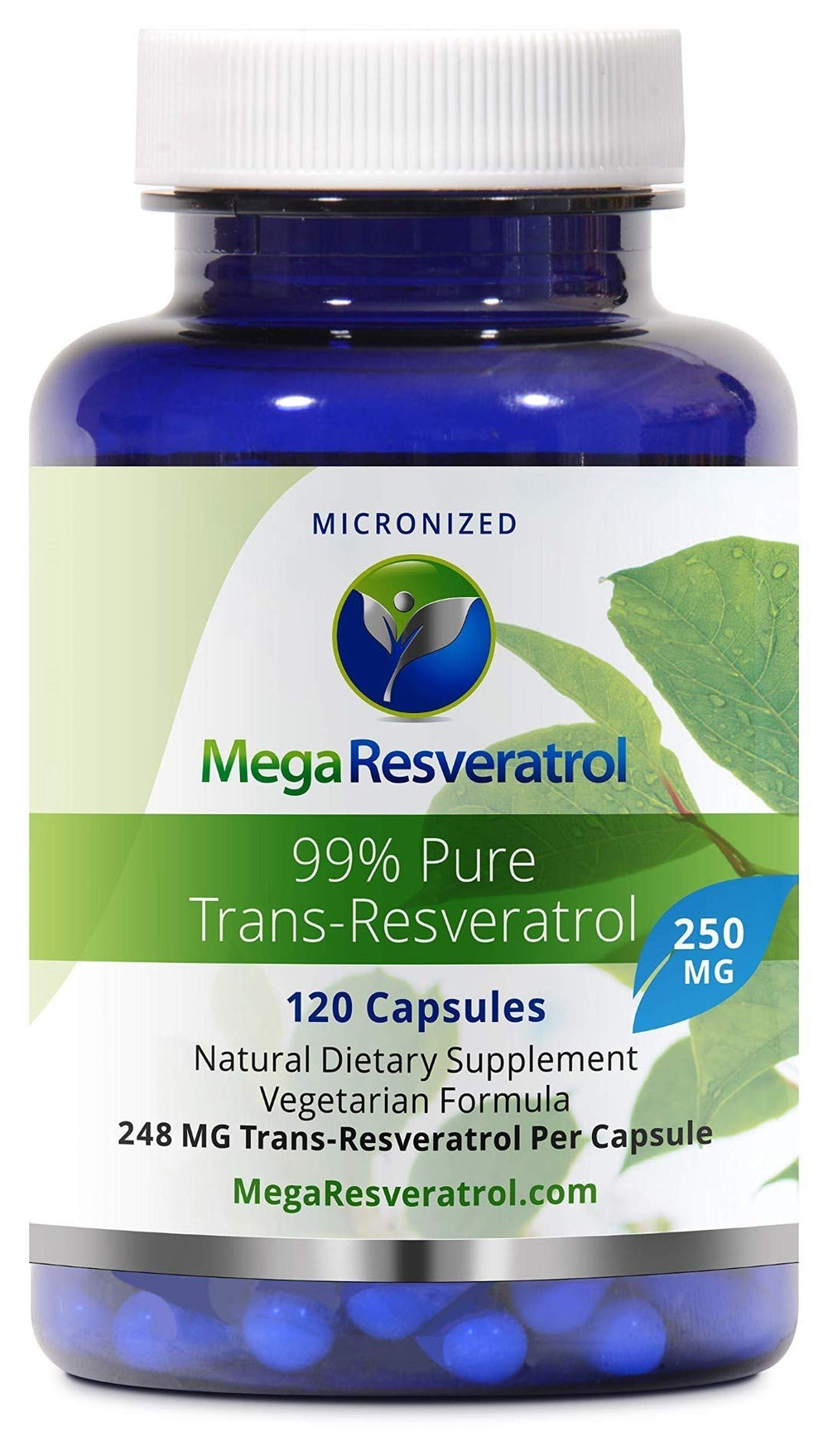 Mega Resveratrol bottle with 120 capsules, 250 mg each