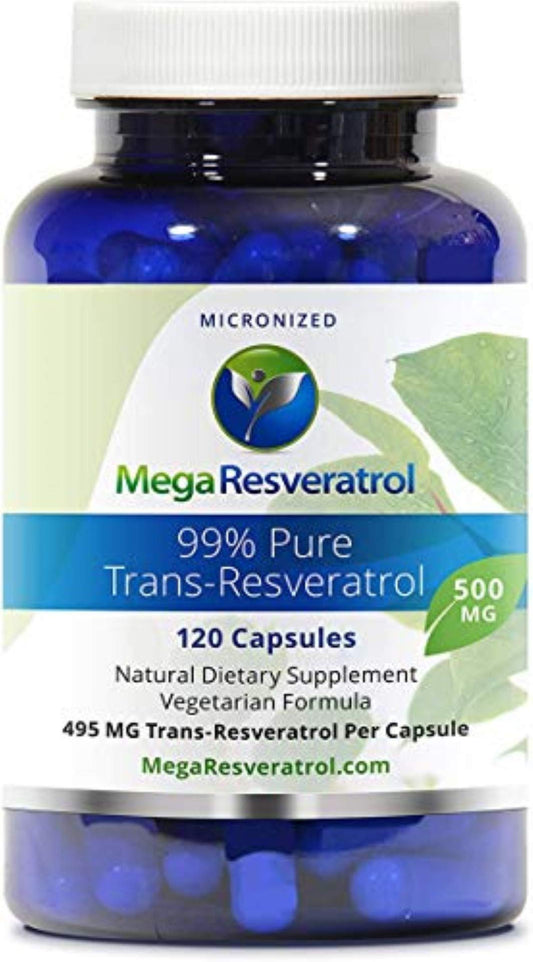 Front view of Mega Resveratrol bottle with 120 capsules