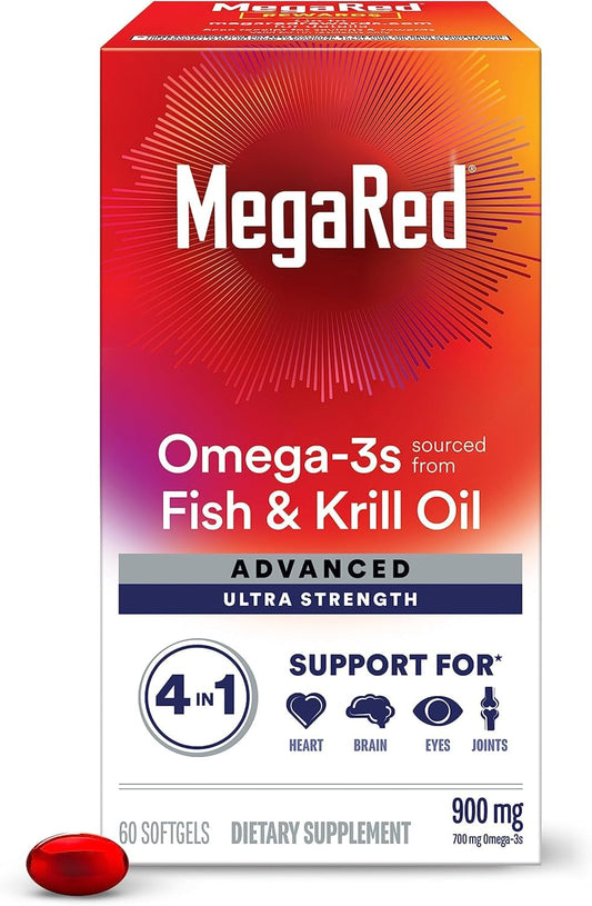 MegaRed Advanced 4-in-1 900mg Omega-3 Fish & Krill Oil Softgels – 120 Softgels (2 Bottles)