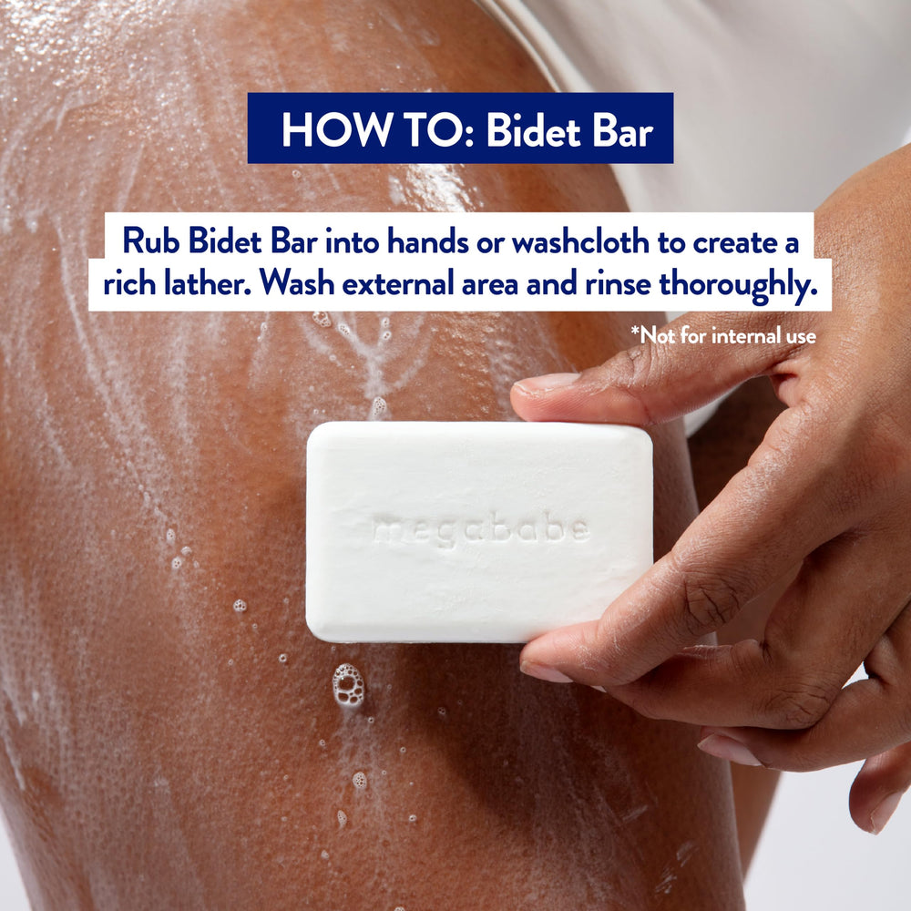 Megababe Bidet Bar with shea butter and avocado oil highlights soothing botanicals.