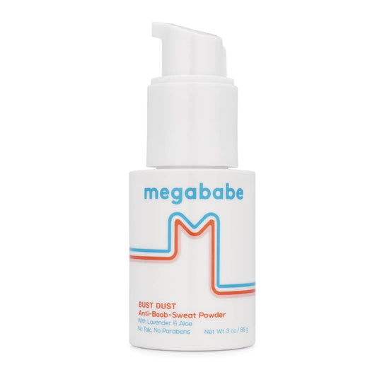 Megababe Bust Dust bottle with pump offers precise, mess-free powder application.