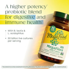 MegaFood Megaflora Probiotic Plus 60 capsules container highlights long-lasting supply.